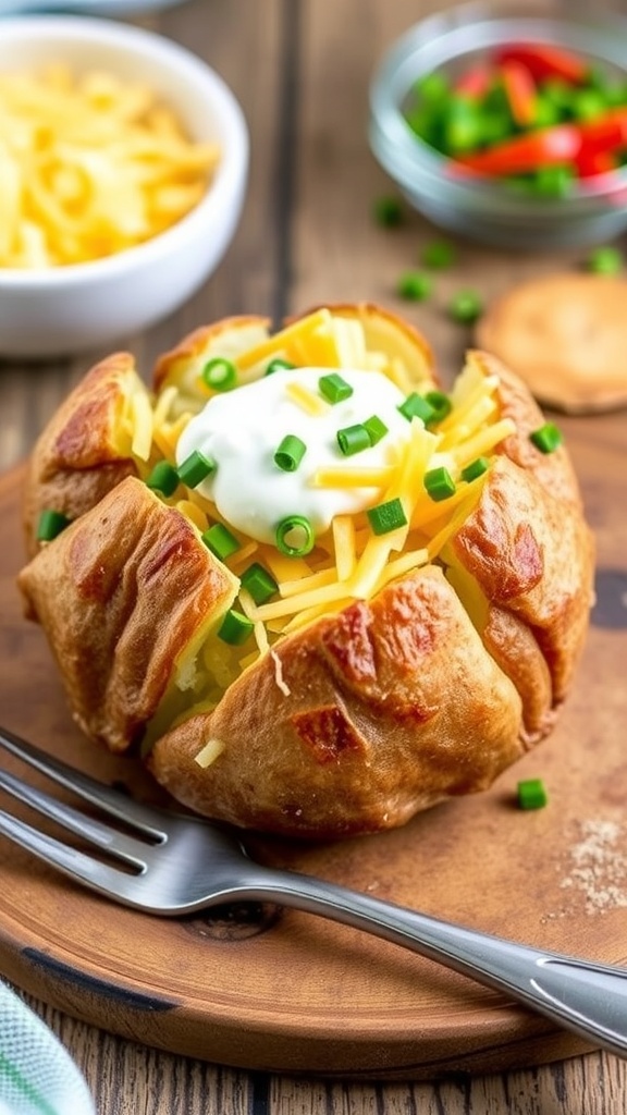 Perfect Air Fryer Baked Potato Recipe A crispy air fryer baked potato topped with sour cream, cheese, and chives on a wooden table.